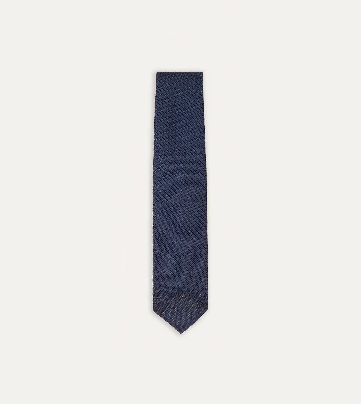 luxury necktie sets for office wear-Navy Fine Woven Grenadine Silk Hand Rolled Tie