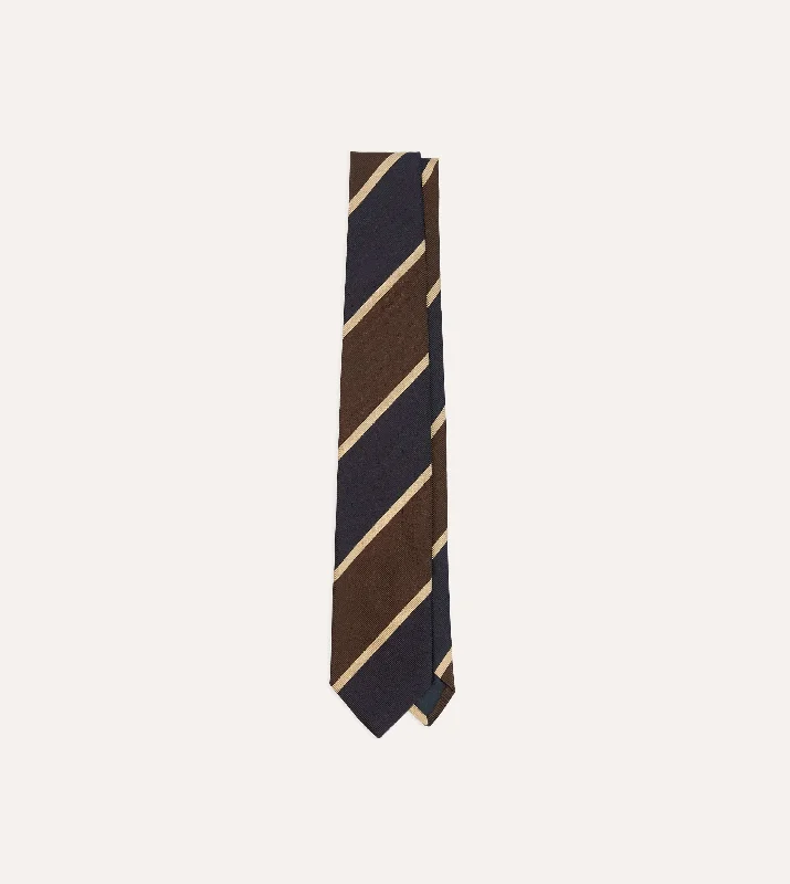 designer silk necktie sets for weddings-Navy and Brown Broad Stripe Mogador Silk Tipped Tie