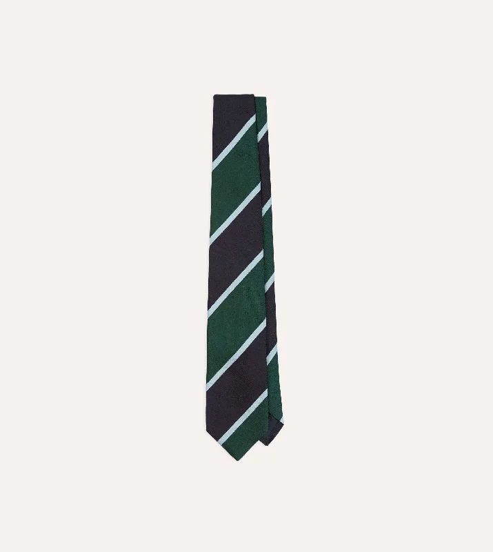 elegant wedding necktie sets for men-Navy and Green Broad Stripe Mogador Silk Tipped Tie