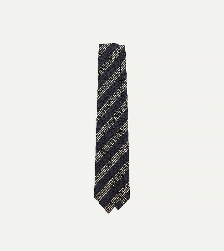 unique necktie designs for office wear-Navy and Silver Stripe Hand Rolled Large Knot Grenadine Tie