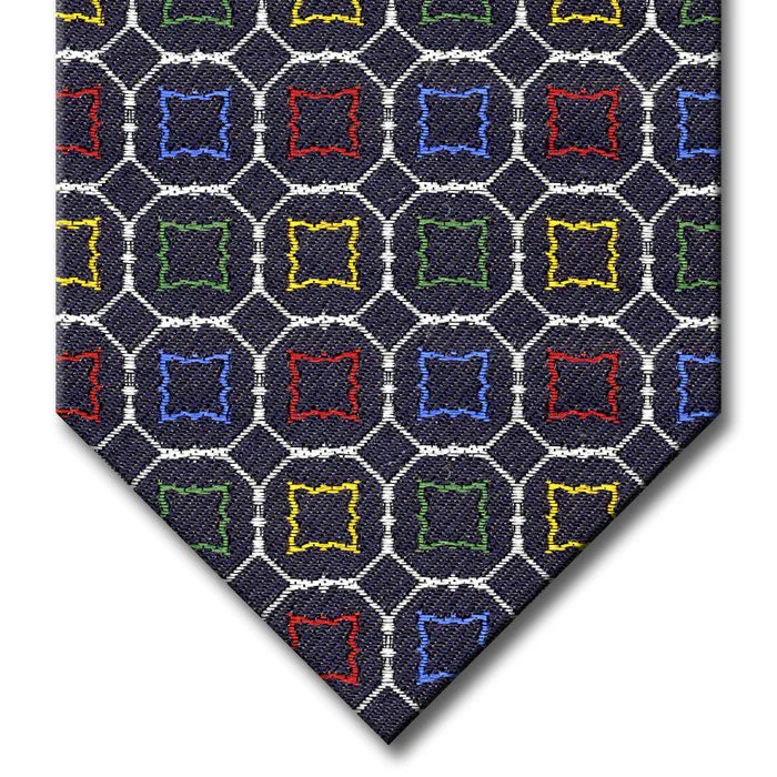 best silk wedding necktie styles-Navy and Silver with Red, Blue, Green and Orange Medallion Tie