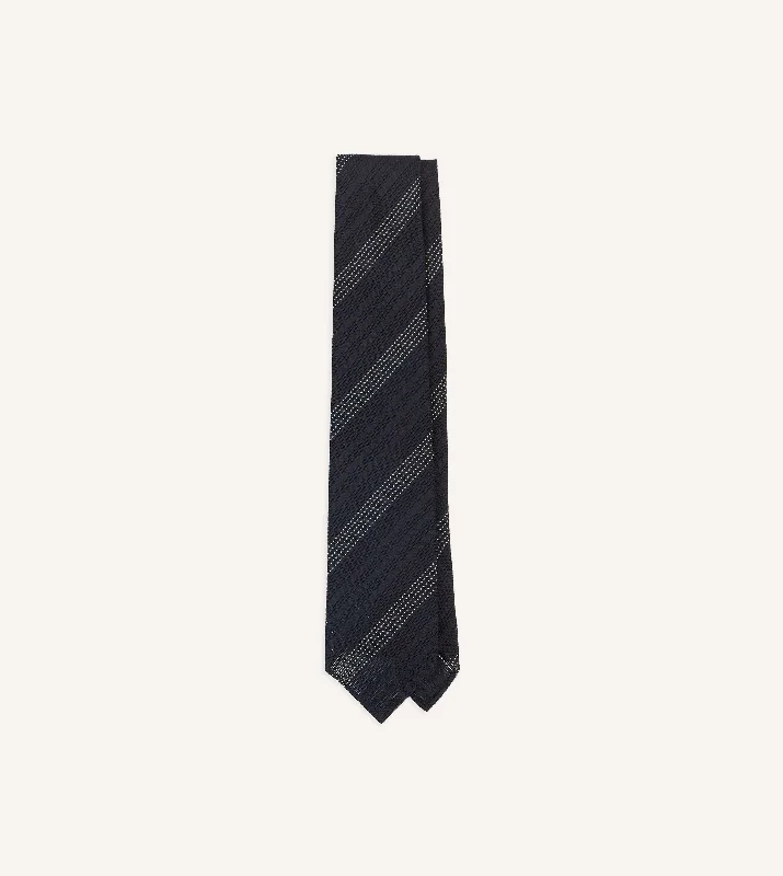 classic silk necktie styles for men-Navy and White Dashed Stripe Hand Rolled Silk Grenadine Tie