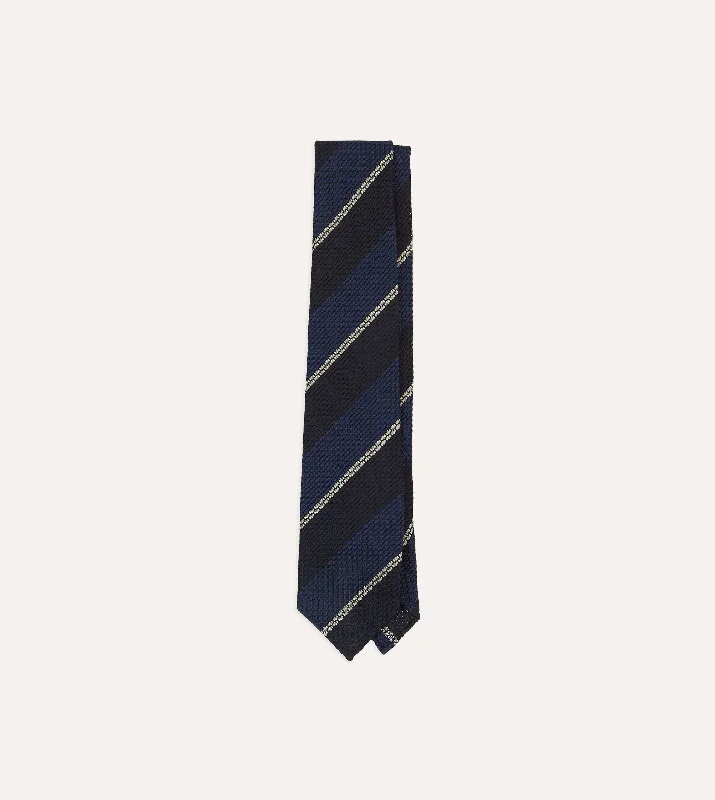 affordable wedding necktie colors for men-Navy and White Multi Stripe Hand Rolled Silk Grenadine Tie