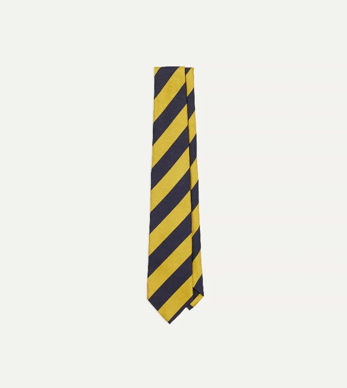 affordable wedding necktie colors for men-Navy and Yellow Broad Stripe Silk Tipped Tie