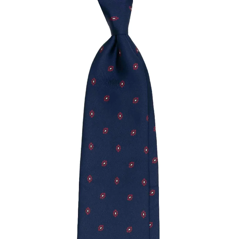 affordable business silk necktie styles-Navy Blue Silk Tie with Burgundy Flowers