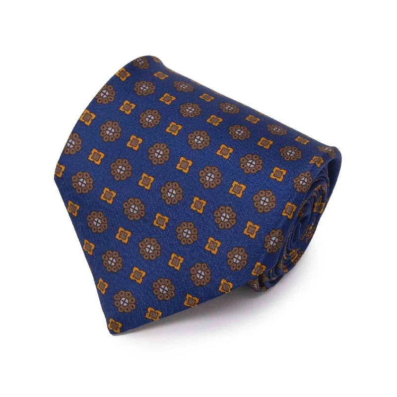 slim-fit wedding silk necktie sets-Navy Blue with Brown Flowers Pattern Silk Tie