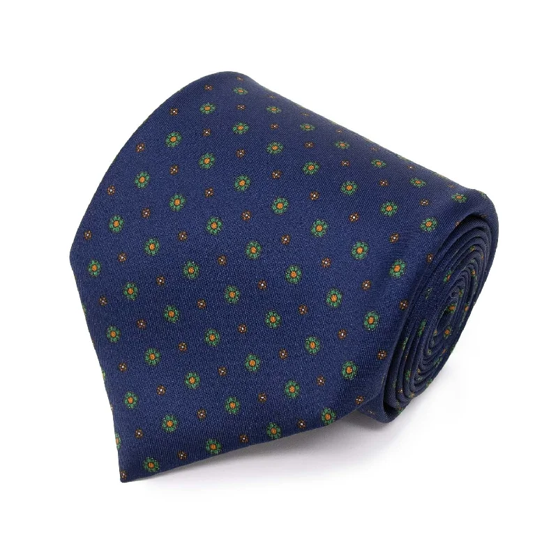 luxurious silk necktie sets for weddings-Navy Blue with Small Flowers Pattern Silk Tie