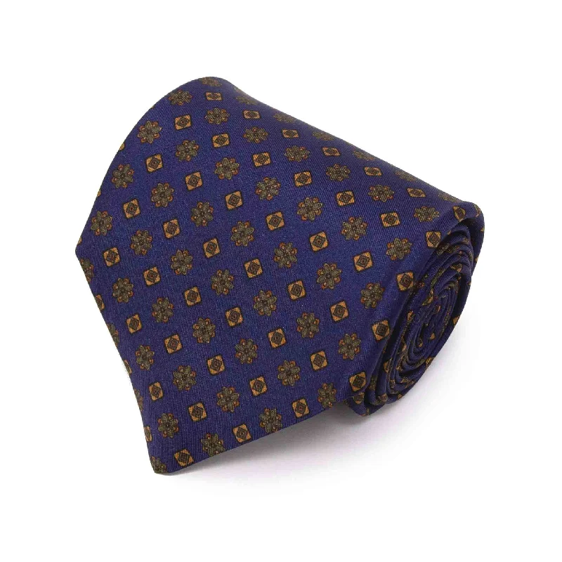 silk necktie ideas for corporate events-Navy Blue Silk Tie with Square Flowers Pattern