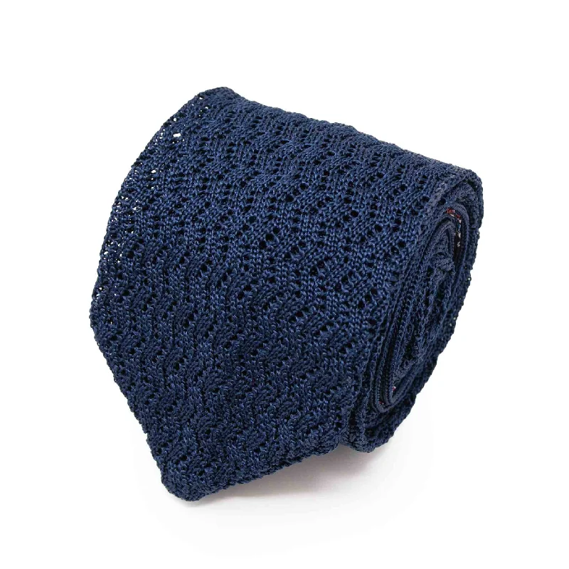 unique necktie designs for office wear-Navy Blue Zig Zag V Point Knitted Tie