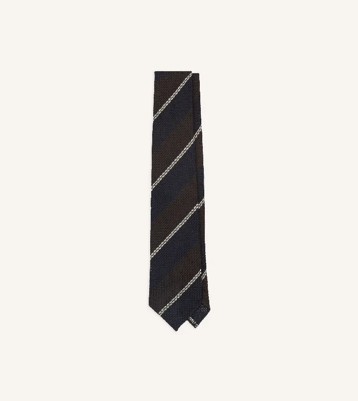 elegant silk necktie colors for weddings-Navy, Brown and White Multi Stripe Hand Rolled Silk Grenadine Tie