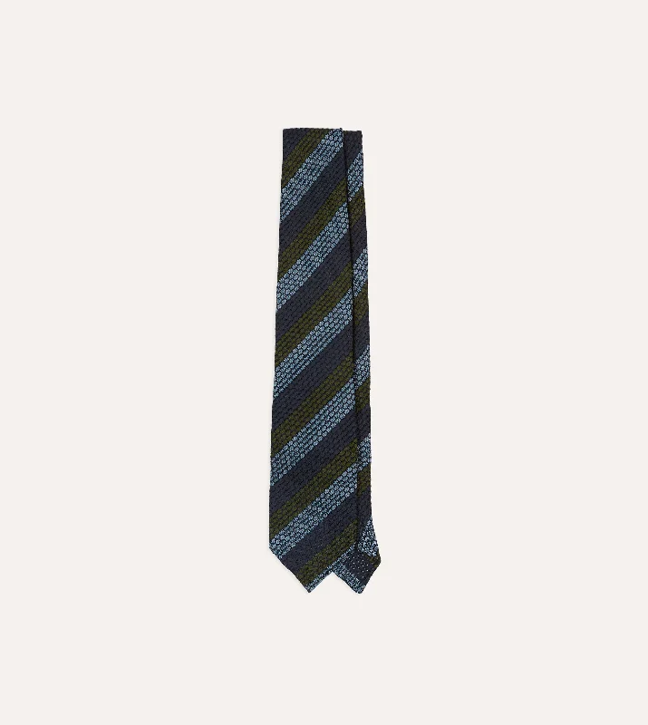 vibrant silk necktie sets for office wear-Navy, Green and Blue Block Stripe Hand Rolled Silk Grenadine Tie