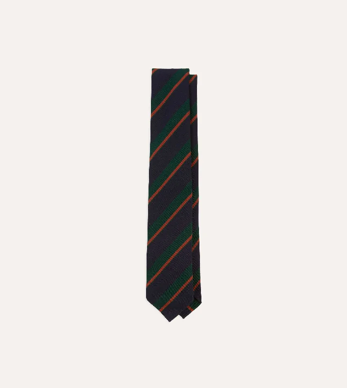 unique business silk necktie designs-Navy, Green and Orange Stripe Mogador Wool Cotton Hand Rolled Tie