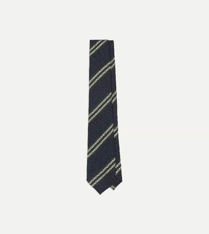 stylish wedding necktie ideas for men-Navy, Green and White Double Stripe Silk Grenadine Tie