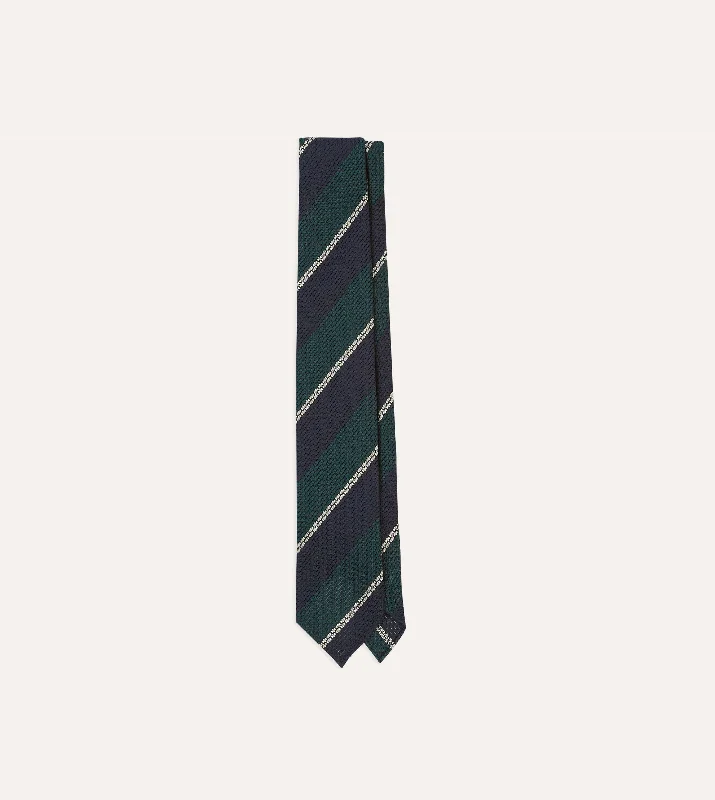 stylish silk necktie ideas for business wear-Navy, Green and White Multi Stripe Hand Rolled Silk Grenadine Tie