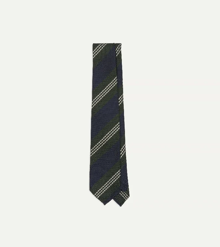 trendy silk bow ties for business events-Navy, Green and White Multi Stripe Silk Grenadine Tie