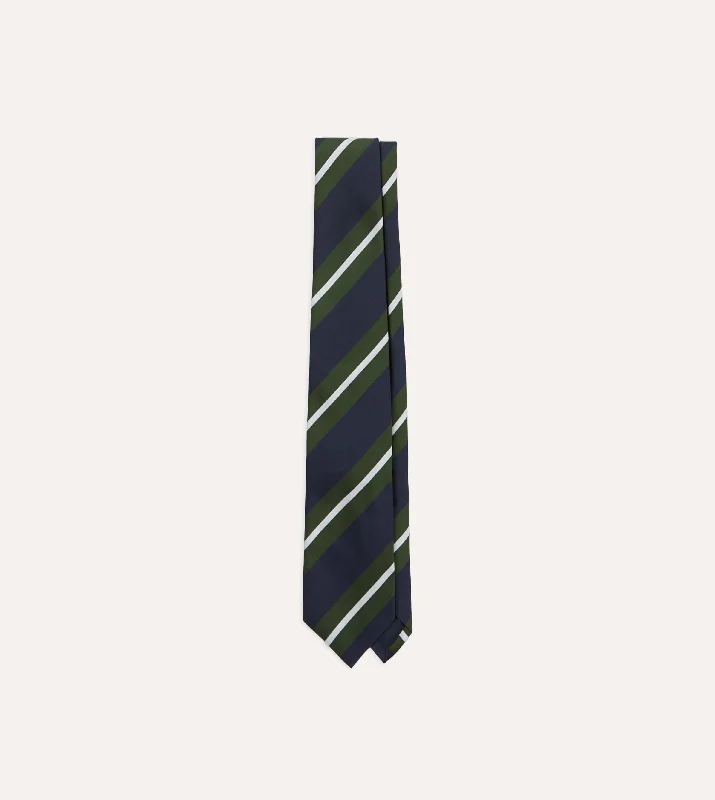 high-end wedding silk necktie designs-Navy, Green and White Regimental Stripe Mogador Tipped Tie