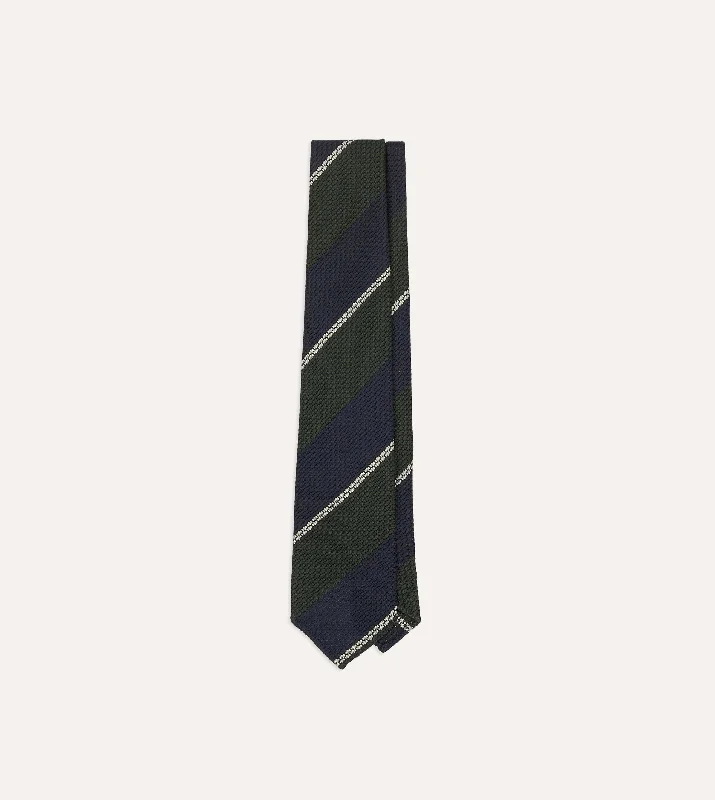 unique silk necktie combinations for weddings-Navy, Green and White Stripe Silk Grenadine Tie