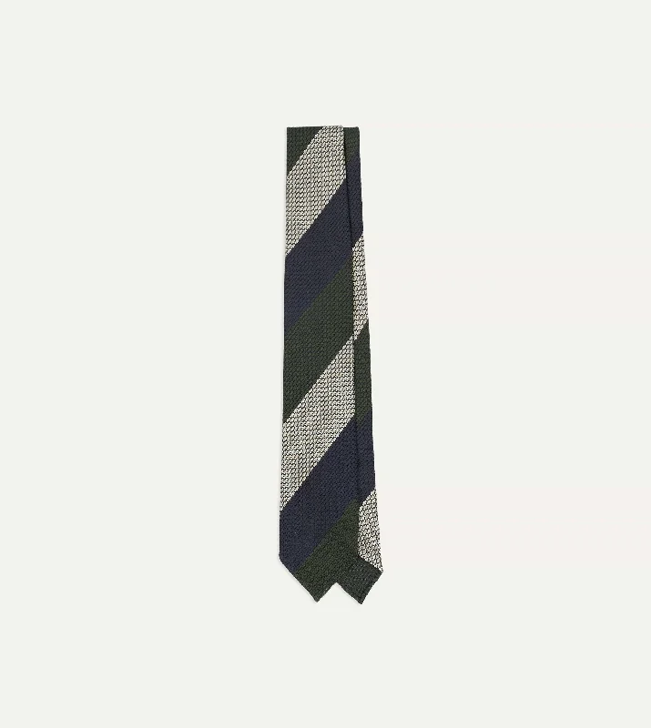 stylish office necktie sets for men-Navy, Green and White Wide Stripe Silk Grenadine Tie