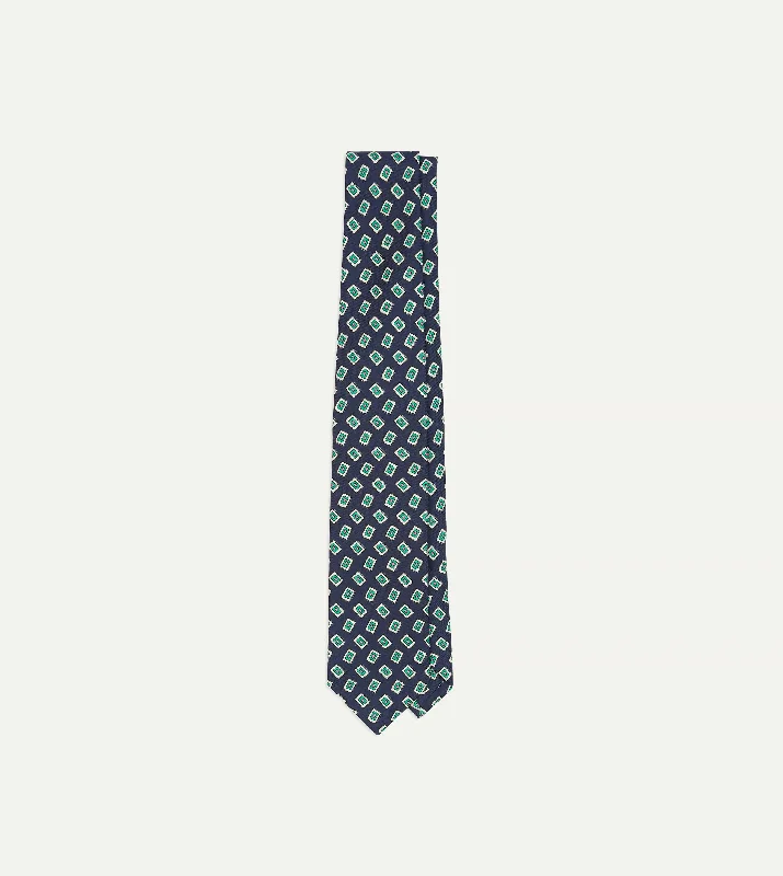 affordable silk necktie colors for weddings-Navy Jumbled Medallion Print Silk Self Tipped Tie