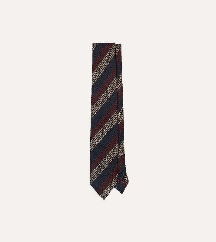 elegant wedding silk necktie combinations-Navy, Red and Gold Block Stripe Hand Rolled Silk Grenadine Tie