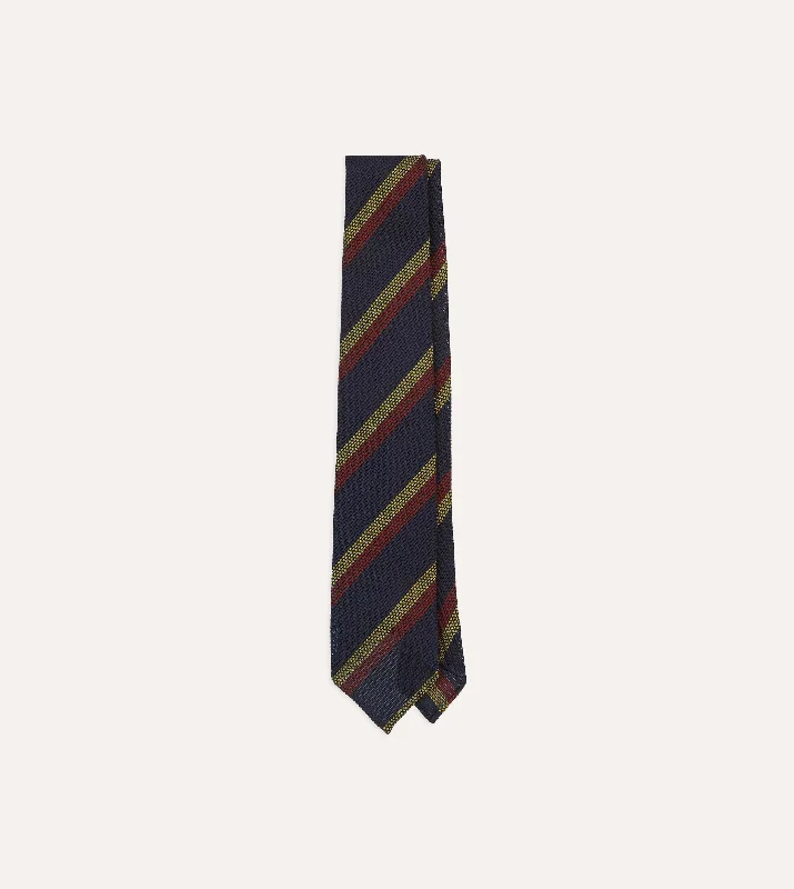 trendy office silk necktie options-Navy, Red and Gold Double Stripe Hand Rolled Silk Grenadine Tie