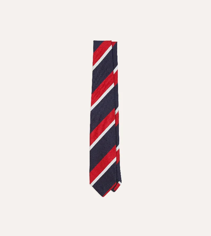 luxury silk necktie designs for men’s weddings-Navy, Red and White Double Broad Stripe Mogador Silk Tipped Tie