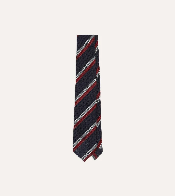 luxury silk wedding tie sets-Navy, Red and White Double Stripe Hand Rolled Silk Grenadine Tie