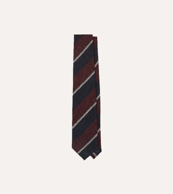 luxurious wedding necktie ideas for men-Navy, Red and White Multi Stripe Hand Rolled Silk Grenadine Tie