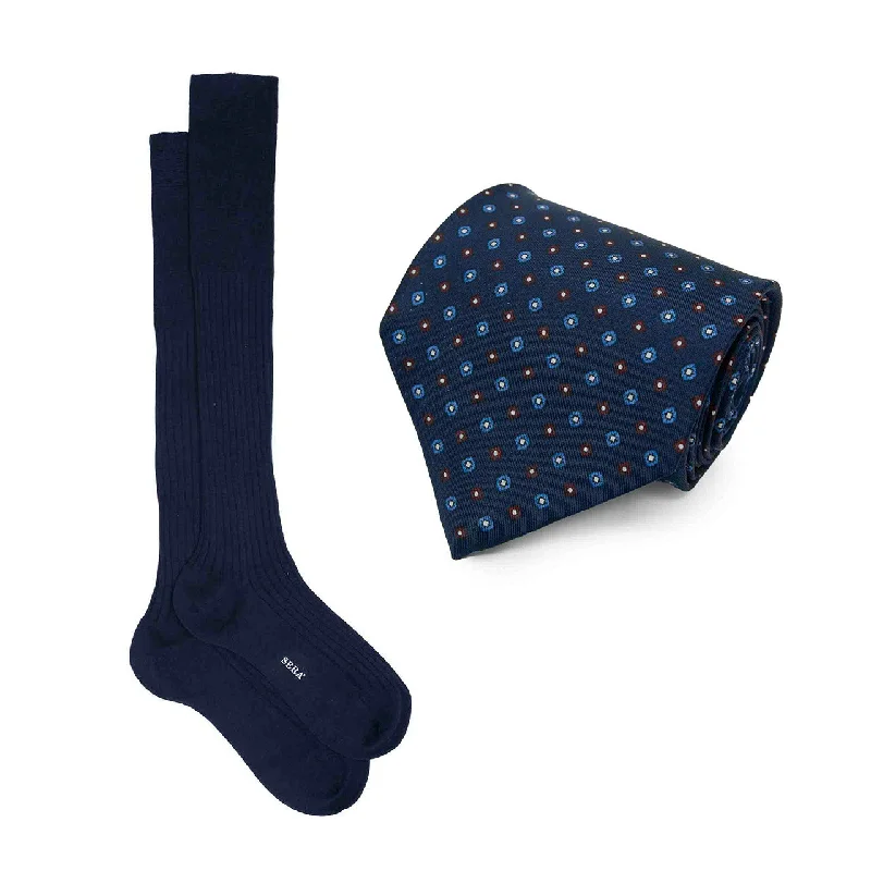 trendy business silk necktie combinations-Blue Silk Tie & Dark Blue Ribbed Cotton Socks Set