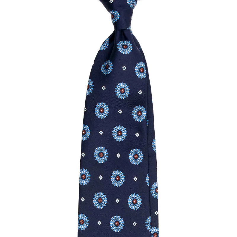 trendy silk necktie styles for office wear-Navy Silk Tie with Light Blue Big Medallions