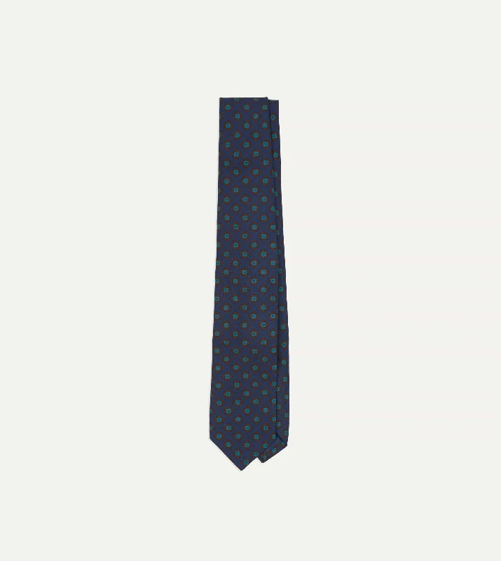 premium silk necktie styles for business wear-Navy Square Flower Medallion Print Silk Self Tipped Tie