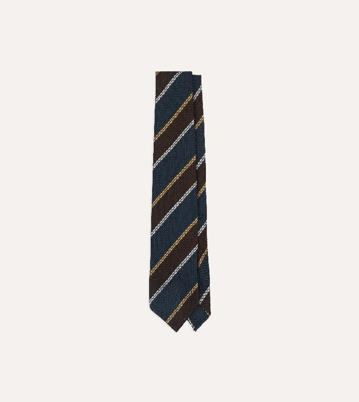 trendy business silk necktie combinations-Navy, White and Brown Stripe Hand Rolled Silk Grenadine Tie