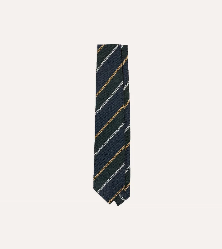 premium silk necktie patterns for weddings-Navy, White and Green Stripe Hand Rolled Silk Grenadine Tie