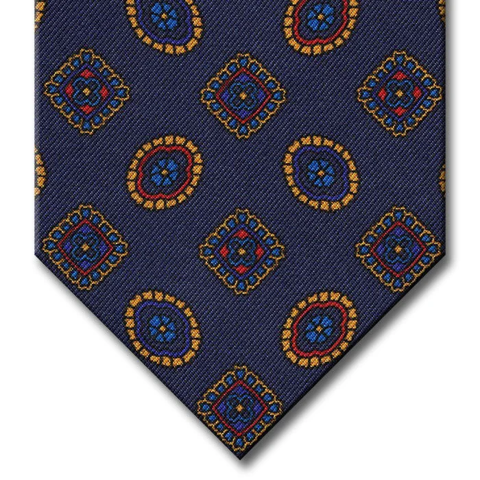 luxury silk necktie designs for men’s weddings-Navy with Gold and Red Geometric Pattern Tie