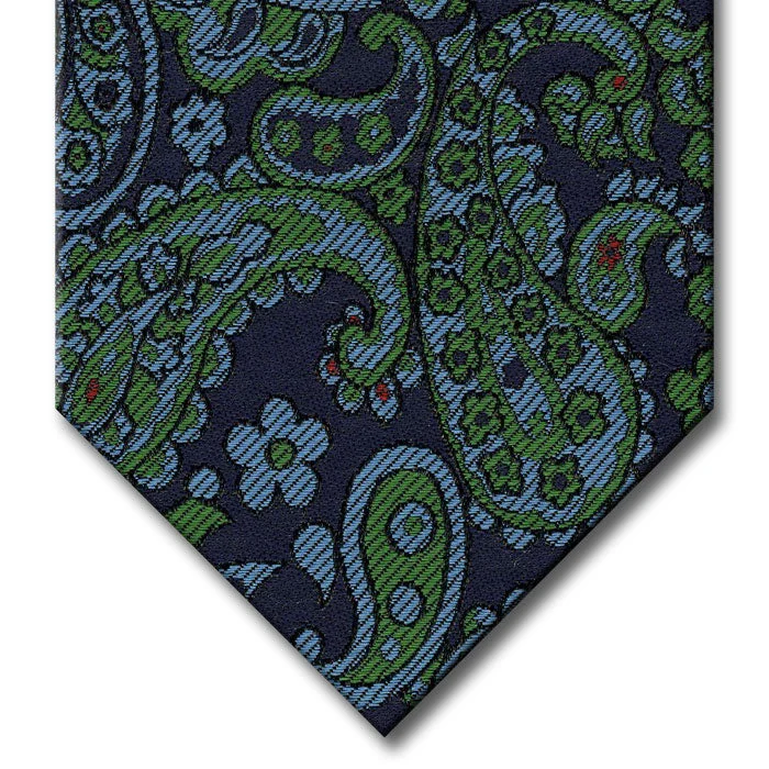 luxury necktie sets for office wear-Navy with Green and Light Blue Paisley Tie