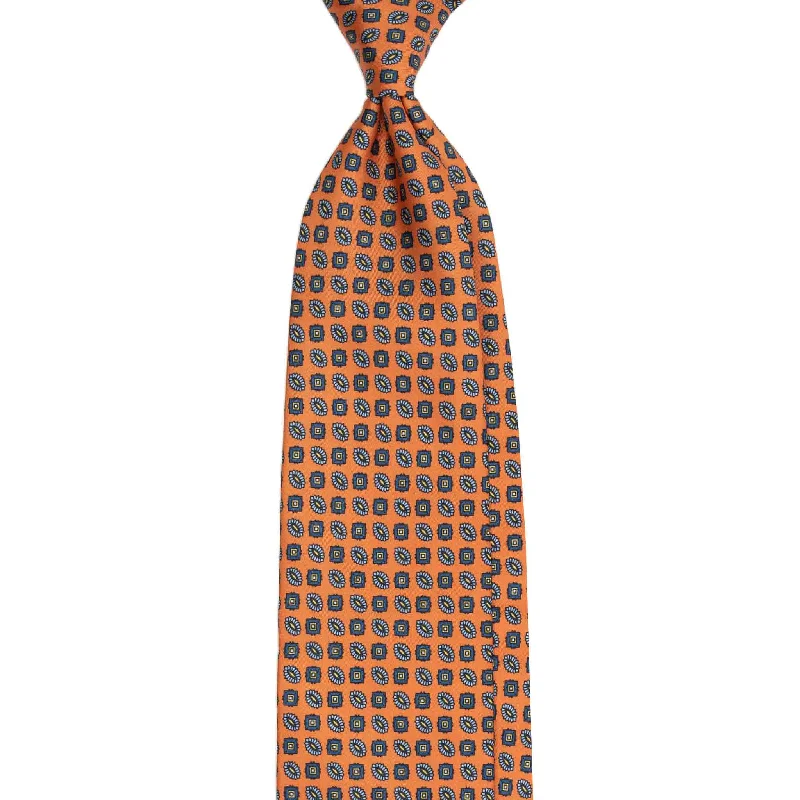 classic silk wedding necktie colors-Orange Silk Tie with Blue Small Medallions