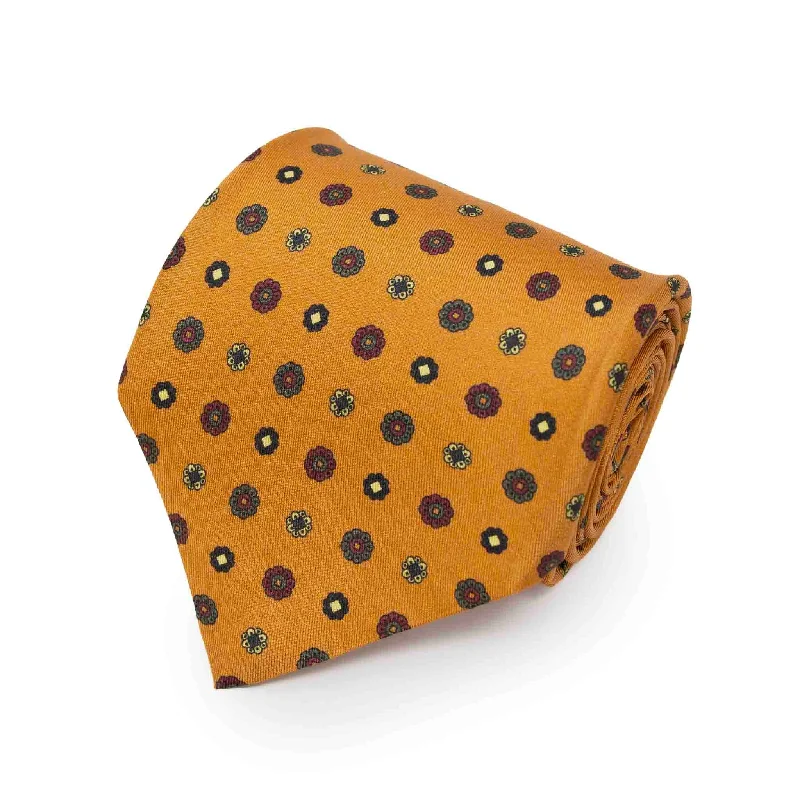 premium wedding silk necktie colors-Orange with Burgundy Small Flowers Silk Tie