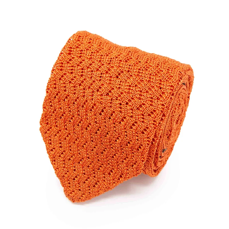 luxurious wedding silk necktie designs-Orange Zig Zag V Point Knitted Tie