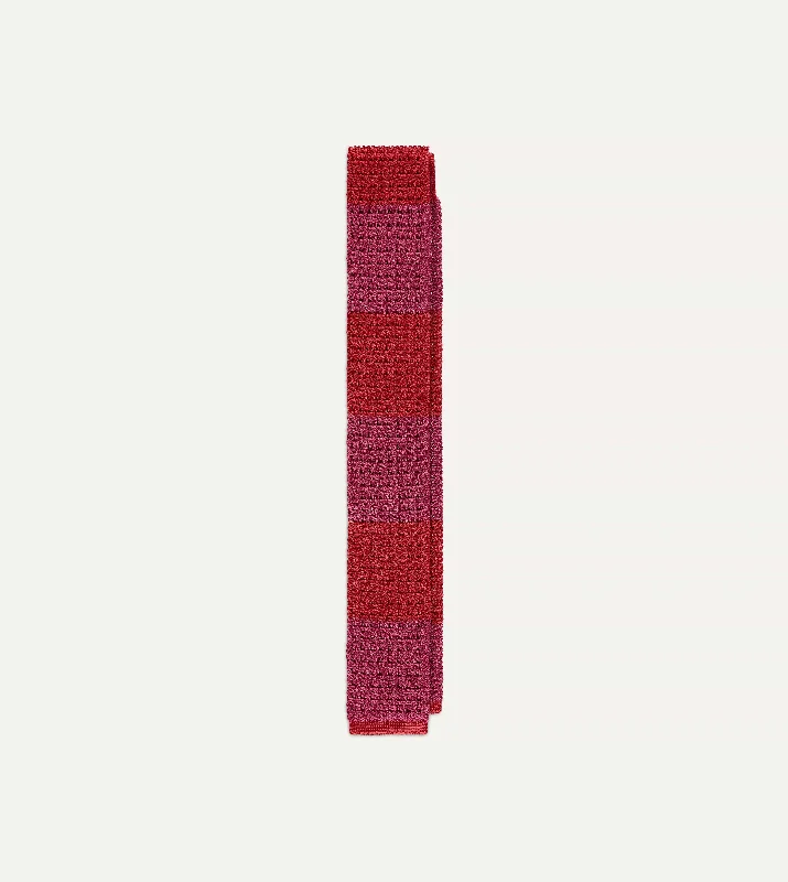 premium silk bow ties for wedding parties-Pink and Red Block Stripe Knitted Silk Tie