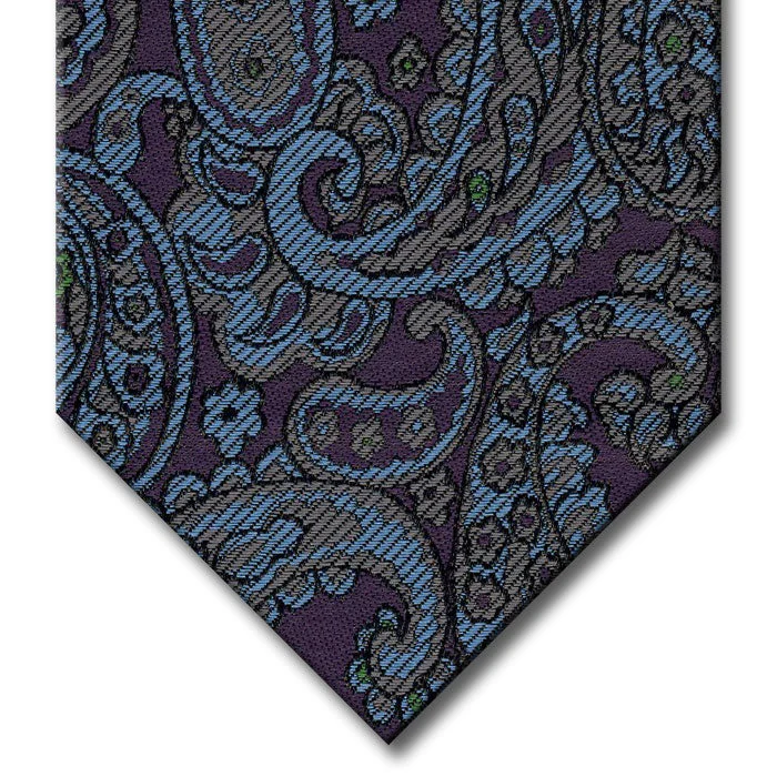 stylish silk necktie combinations for weddings-Plum with Charcoal Gray and Light Blue Paisley Tie