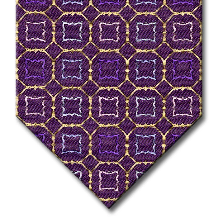 affordable business silk necktie styles-Purple and Gold with Lavender and Blue Medallion Tie