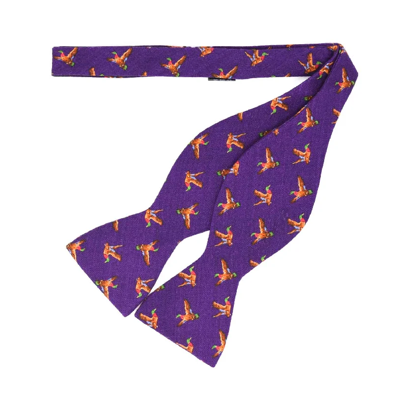 slim-fit silk neckties for office wear-Purple Wool Bow Tie with birds pattern