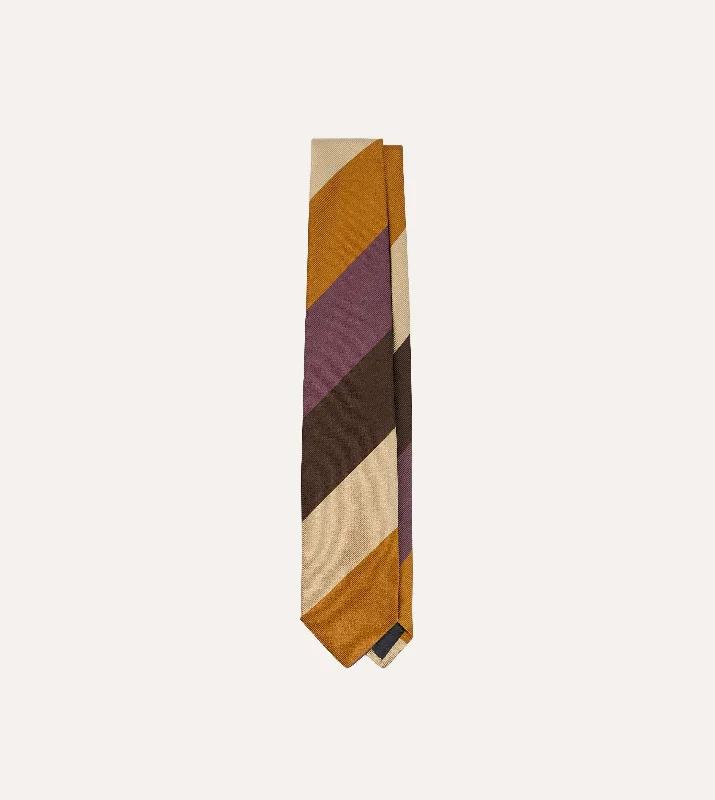 silk necktie options for office wear-Purple, Brown and Cream Wide Stripe Repp Silk Cotton Tipped Tie