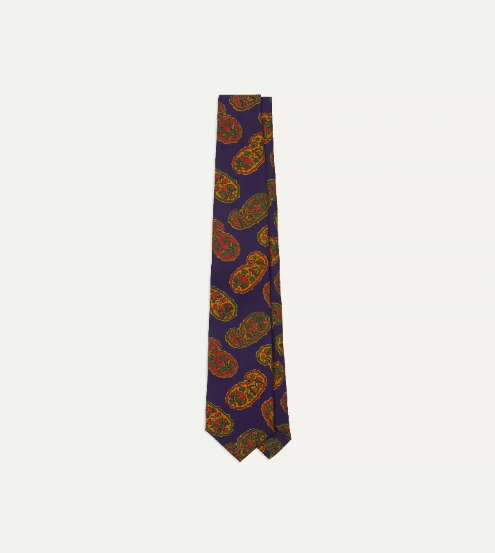 silk necktie ideas for corporate events-Purple Large Paisley Print Silk Self Tipped Tie