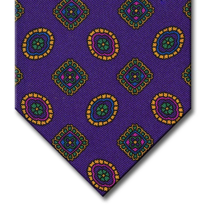 business silk necktie styles for men-Purple with Blue and Gold Geometric Pattern Tie