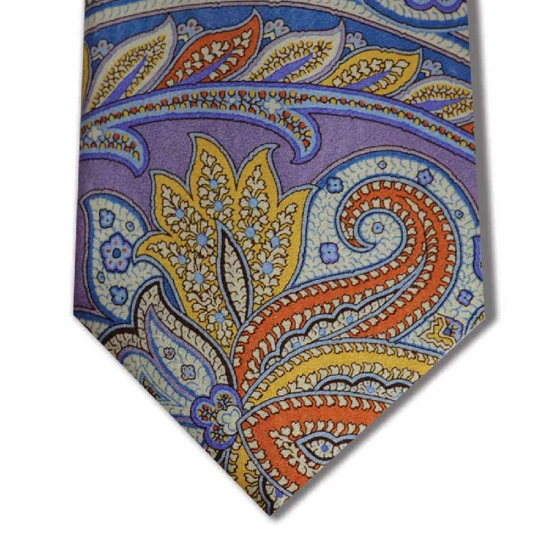 luxury necktie sets for office wear-Purple with Yellow, Orange, and Blue Paisley Pattern Custom Tie