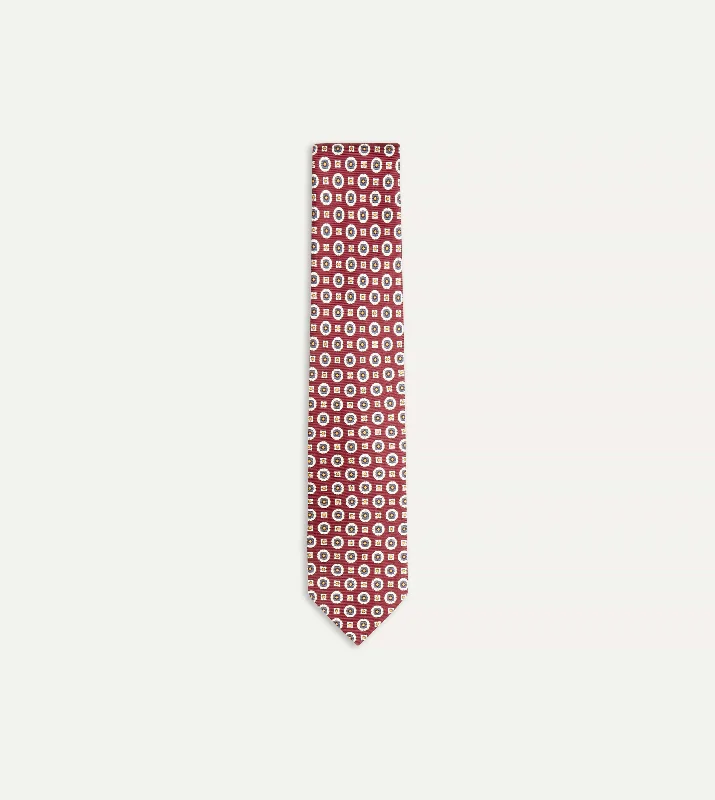 premium wedding silk necktie colors-Red and Blue Geometric Medallion Print Silk Foulard Tie