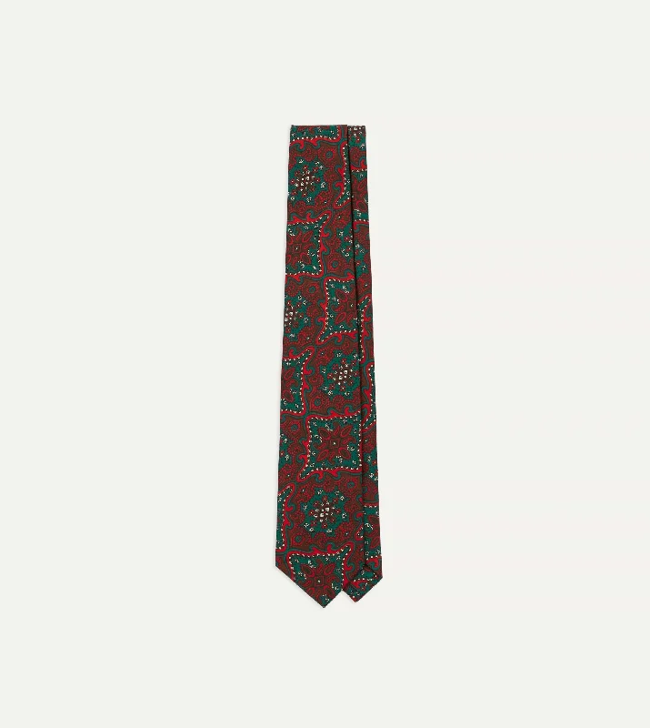 high-end silk necktie sets for weddings-Red and Green Baroque Print Silk Self Tipped Tie