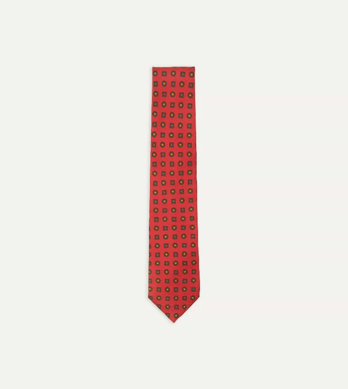 unique silk necktie styles for weddings-Red and Green Geometric Medallion Print Madder Twill Silk Tie