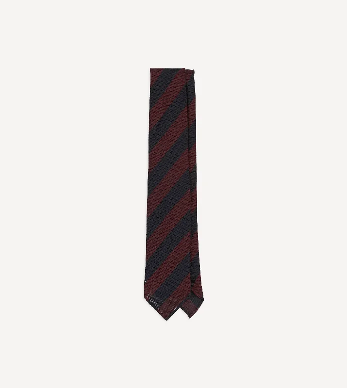 affordable necktie designs for weddings-Red and Navy Block Stripe Hand Rolled Silk Grenadine Tie